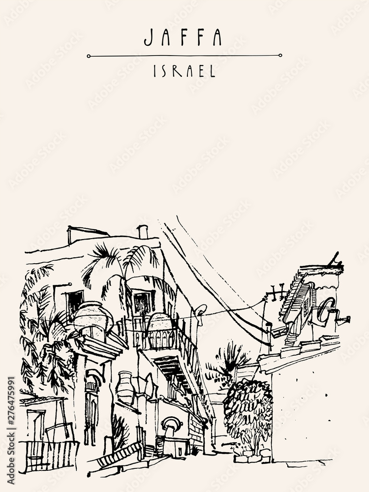 Jaffa (Yafo), Tel Aviv, Israel. Grungy black ink brush outline drawing of houses and trees. Travel sketch. Hand drawn vintage touristic postcard, poster template. Artistic vector illustration