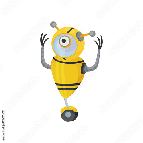 Yellow robot on one wheel instead of legs. Vector illustration on white background.