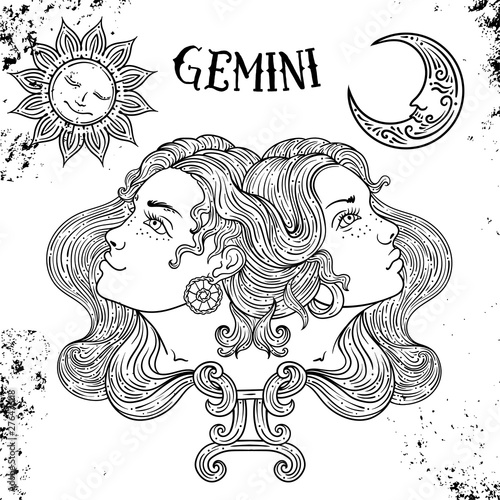 Beautiful line art filigree zodiac Black sign on vintage background.Elegant jewelry tattoo.Engraved horoscope symbol.Doodle mystic drawing with calligraphy lettering.Gemini