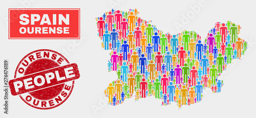 Demographic Ourense Province map illustration. People bright mosaic Ourense Province map of guys, and red round textured watermark. Vector combination for population mass report.