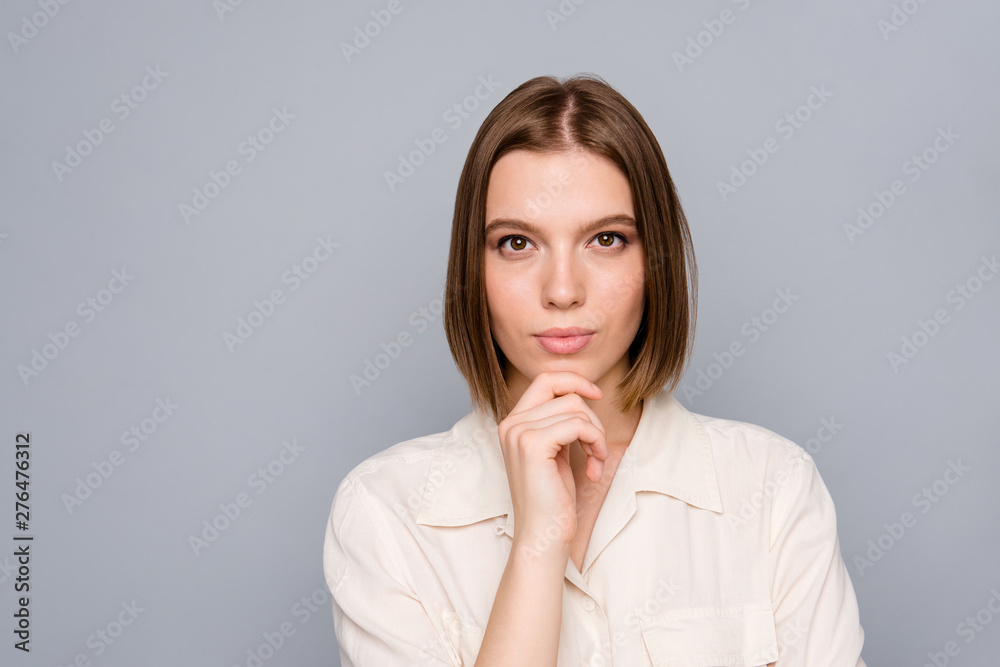 Portrait of gorgeous attractive nice millennial touch chin fingers hands palms look feel shiny luxurious choice decision dressed blouse fashionable clothing modern isolated grey silver background Portrait of gorgeous attractive nice millennial touch chin fingers hands palms look feel shiny luxurious choice decision dressed blouse fashionable clothing modern isolated grey silver background