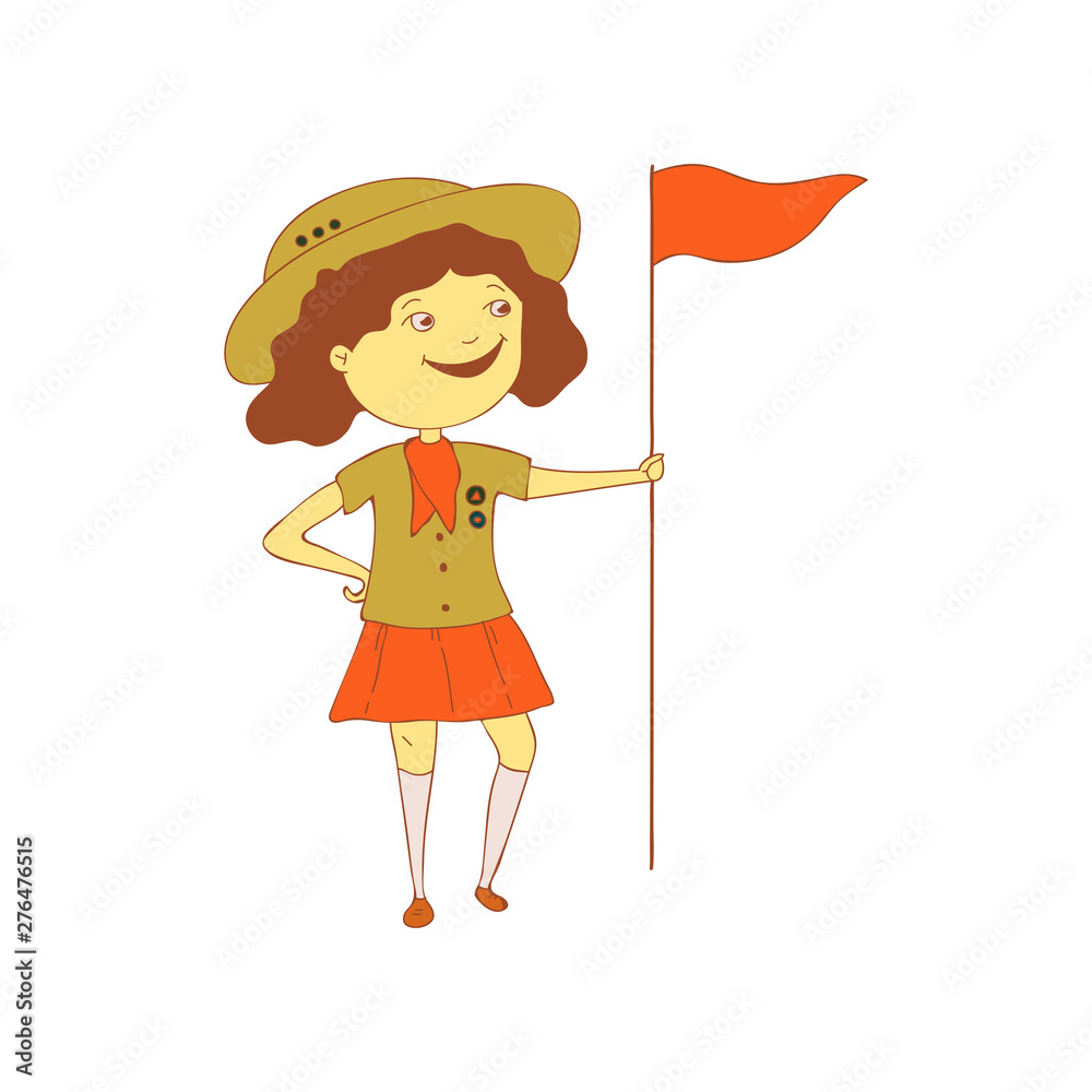 Girl Scout with a flag. Vector illustration on white background. Girl Scout with a flag. Vector illustration on white background.