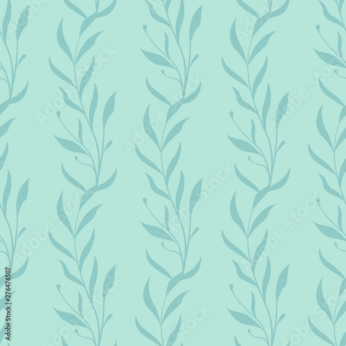Vector seamless floral pattern. Vertical blue branches with leaves. Simple design for fabrics, wallpapers, textiles, web design.