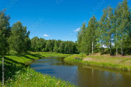 A small water channel with green beaches and birch groves.