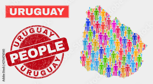 Demographic Uruguay map abstraction. People color mosaic Uruguay map of crowd, and red round unclean stamp. Vector composition for nation mass representation.