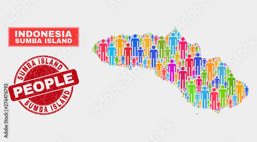 Demographic Sumba Island map abstraction. People bright mosaic Sumba Island map of men, and red rounded grunge watermark. Vector collage for population mass report.