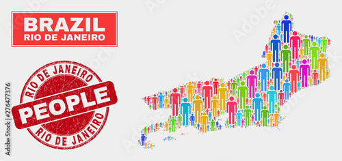 Demographic Rio de Janeiro State map illustration. People colorful mosaic Rio de Janeiro State map of men, and red round corroded stamp seal. Vector combination for nation group report.