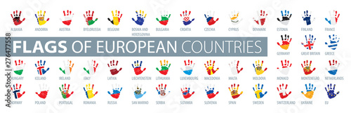 Hand and national flag. Vector illustration of a set of European flags
