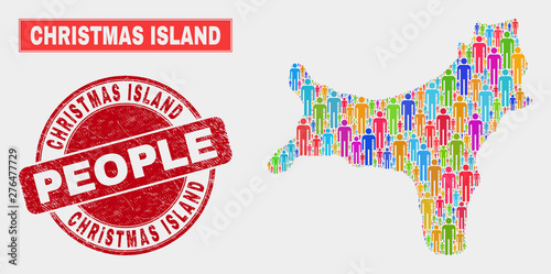 Demographic Christmas Island map abstraction. People bright mosaic Christmas Island map of guys, and red round rubber stamp seal. Vector composition for population audience report.