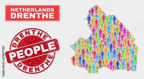 Demographic Drenthe Province map abstraction. People colorful mosaic Drenthe Province map of persons, and red rounded textured stamp. Vector composition for population mass plan.