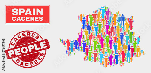Demographic Caceres Province map illustration. People bright mosaic Caceres Province map of guys, and red round unclean watermark. Vector collage for population public presentation.