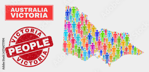 Demographic Australian Victoria map illustration. People color mosaic Australian Victoria map of men, and red round dirty watermark. Vector collage for population public report.