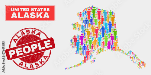Demographic Alaska map abstraction. People colorful mosaic Alaska map of crowd, and red round unclean stamp. Vector collage for population group plan.