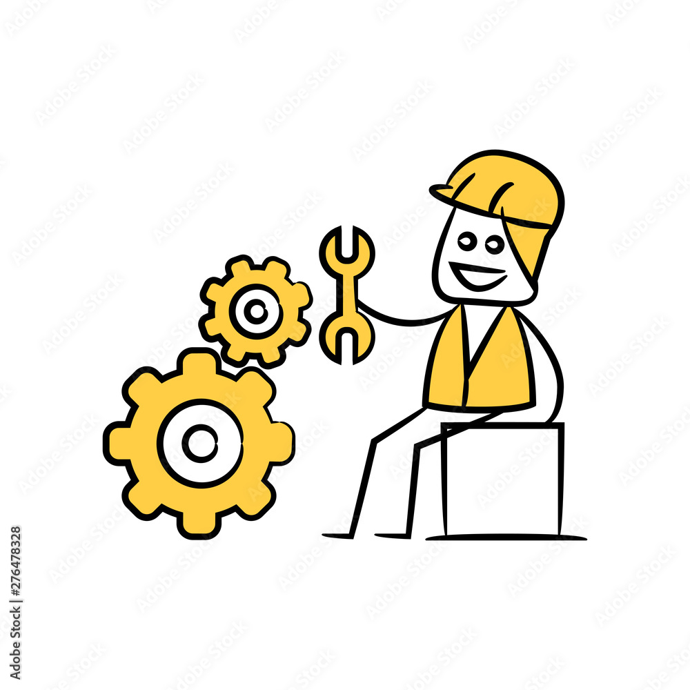 engineer holding wrench fixing gears, doodle stick figure design