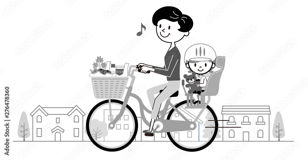 Obraz premium ママチャリ 買い物 モノクロ