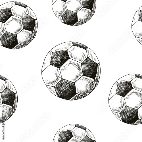 Football backdrop. Hand drawn seamless pattern with sketch style soccer balls. Black on white. Monochrome vector background.
