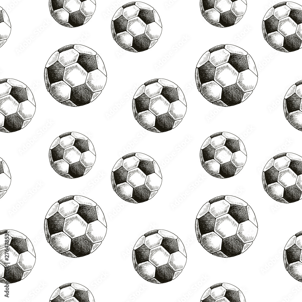 Football pattern. Hand drawn seamless backdrop with sketch style soccer balls. Black on white. Monochrome vector background.	