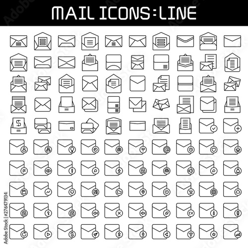 big set of mail, email and envelope icons line design