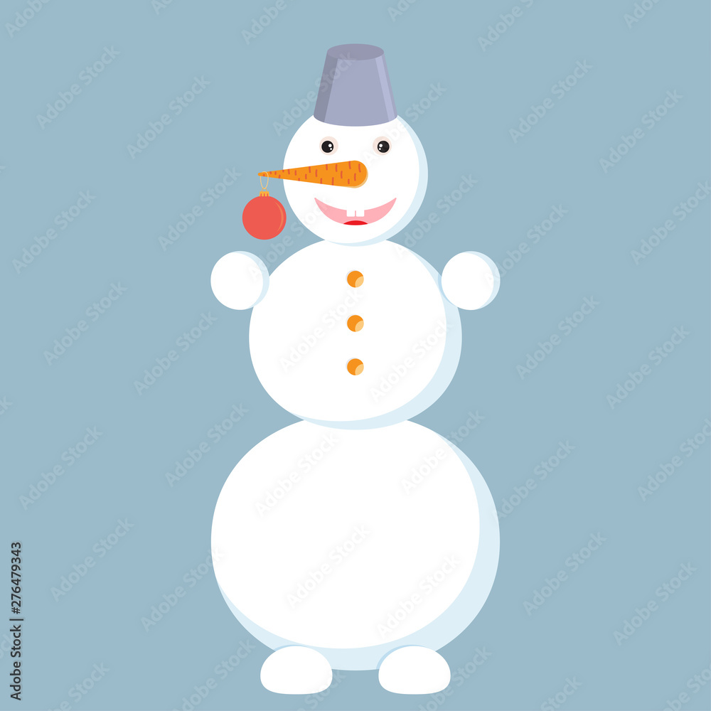 The crazy snowman with the bucket on its head and with red Christmas ball on his nose is on blue background. The crazy snowman with the bucket on its head and with red Christmas ball on his nose is on blue background.