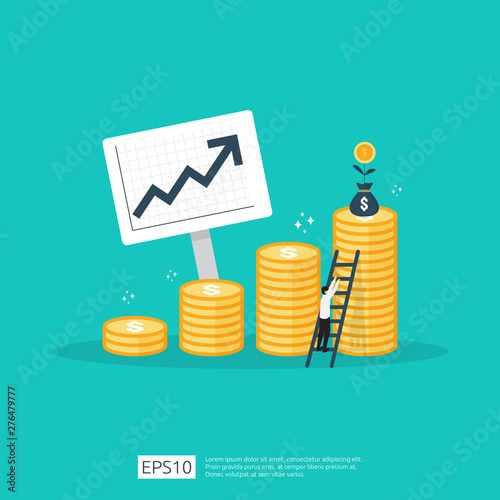 Finance performance of return on investment ROI concept with arrow. income salary rate increase. business profit growth margin revenue. cost sale icon. dollar symbol flat style vector illustration