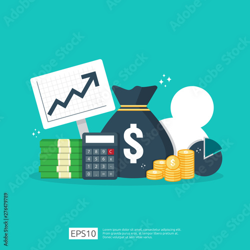 Finance performance of return on investment ROI concept with arrow. income salary rate increase. business profit growth margin revenue. cost sale icon. dollar symbol flat style vector illustration