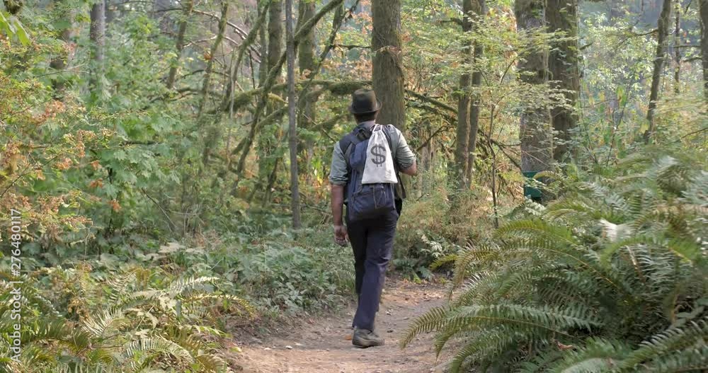 Man walking on a trail through a green rorest. Man walking on a trail through a green rorest.