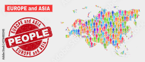 Demographic Europe and Asia map illustration. People bright mosaic Europe and Asia map of persons, and red rounded scratched stamp. Vector composition for nation mass representation.