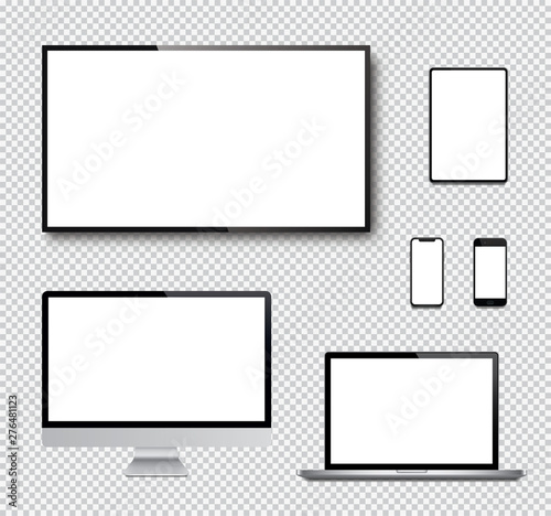 Realistic set of Monitor, laptop, tablet, smartphone and TV screen - Stock Vector.