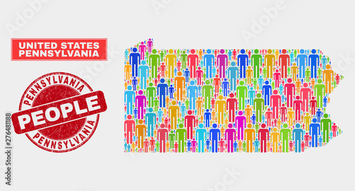 Demographic Pennsylvania State map abstraction. People color mosaic Pennsylvania State map of guys, and red round scratched watermark. Vector composition for population mass plan.