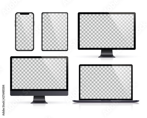 Realistic set of Monitor, laptop, tablet, smartphone dark grey color - Stock Vector.