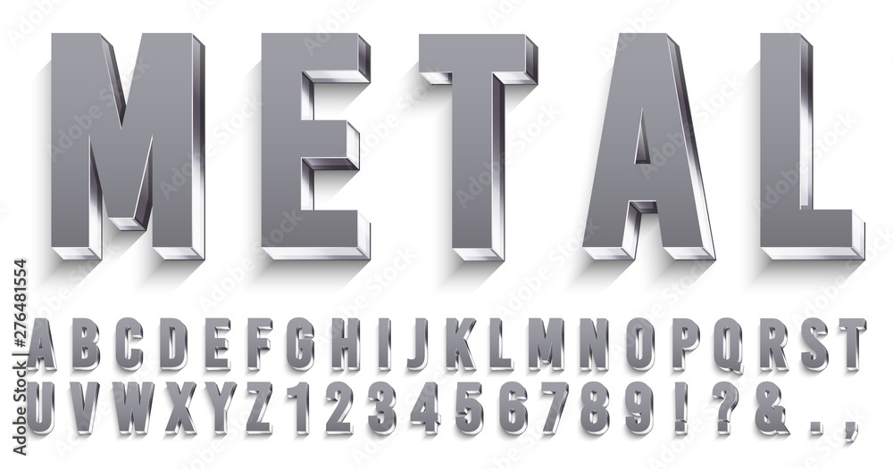 Realistic metal font. Shiny metallic letters with shadows, chrome text and metals alphabet. Credit cards steel abc and numbers, futuristic iron font. 3D vector isolated symbols set