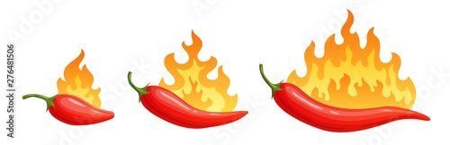 Cartoon hot peppers. Spicy pepper with fire flames and flames red chilli. Red burning fire peppers, spice hot habanero logo or burn spicy mexican tabasco. Isolated vector icons set