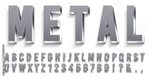 Realistic metal font. Shiny metallic letters with shadows, chrome text and metals alphabet. Credit cards steel abc and numbers, futuristic iron font. 3D vector isolated symbols set