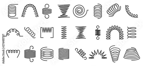 Spiral spring. Flexible coils, wire springs and metal coil spirals silhouette. Vape metallic flexible coils, flexibility steel motor spiral doodle. Isolated vector icons set