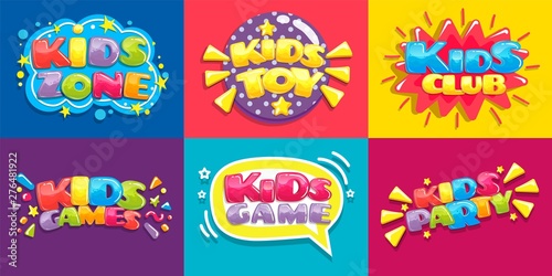 Kids club posters. Toys fun playing zone, children games party and play area poster. Kid entertainment camp poster, preschool baby education room clubs banner vector illustration set