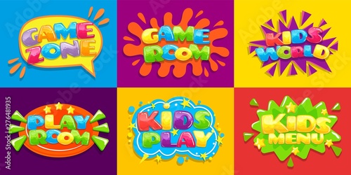 Game room posters. Fun kids playroom, games playing zone for young kid and kids menu. Hobby play room, game advertisement zone or toy party playground vector illustration background set