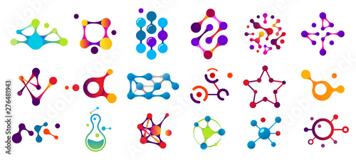 Connected molecules. Molecule connection model, chemistry particle and color molecular structure. Biology connecting logos, dna connect diagram, molecules interaction. Isolated symbols flat vector set photo
