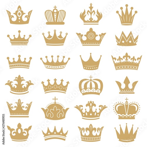 Gold crown silhouette. Royal crowns, coronation king and luxury queen tiara silhouettes. Golden monarch hat, aristocracy crown or royal medieval leadership signs. Isolated icons vector set
