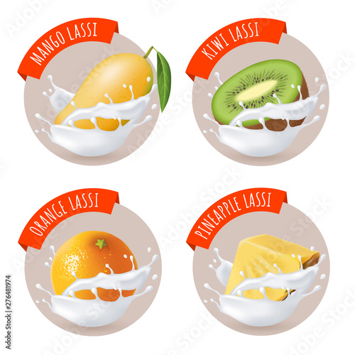 Indian mango lassi stickers. Vector labels with mango, pineapple, kiwi and orange lassi. Fruits and milk splashes. Traditional indian yoghurt drink.	