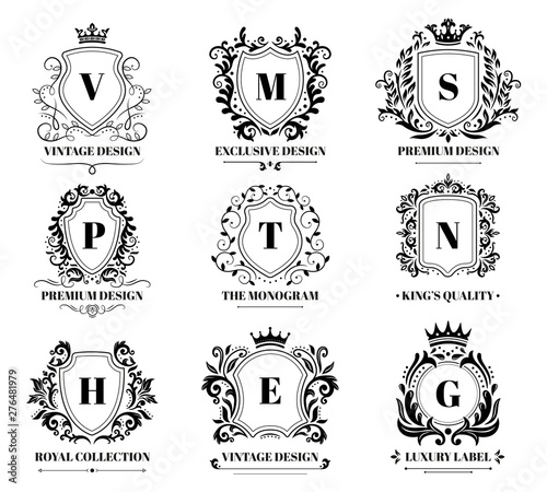 Royal shields badges. Vintage ornament luxury logo frame, retro ornamental shield sign and decorative ornaments badge. Arms crest coat emblem, antique knights heraldry. Isolated symbols vector set photo