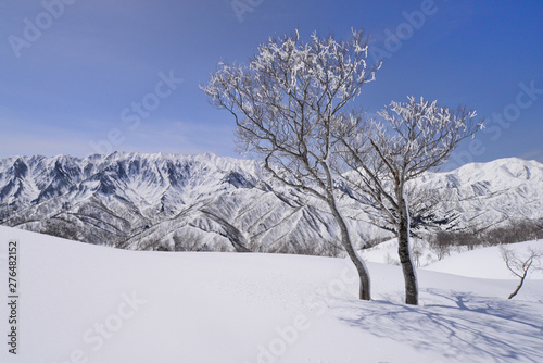 冬の荒沢岳と中ノ岳