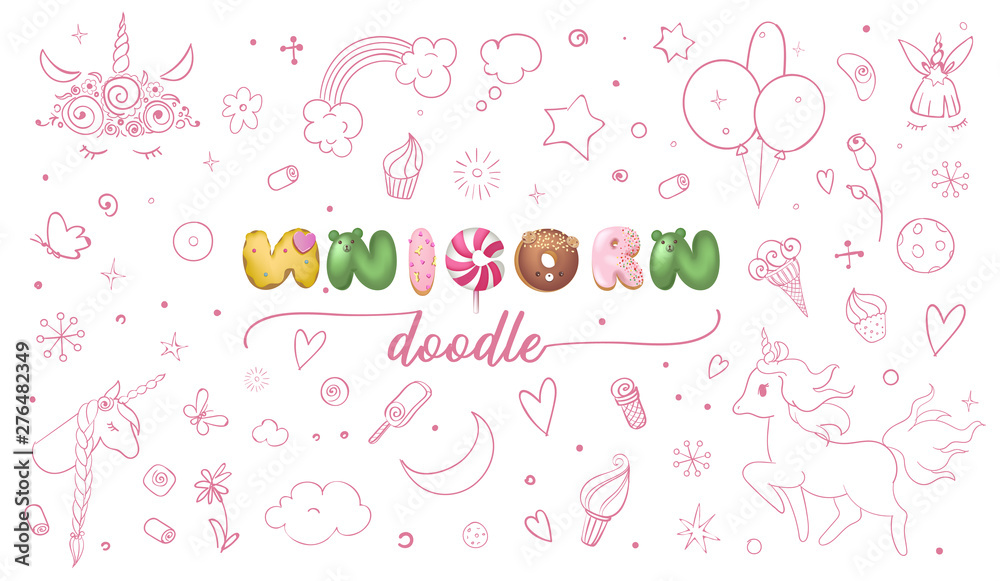 Set of cute doodle sketches for kids unicorn party. Hand drawn vector retro style illustration.