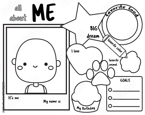 All about me. Writing prompt for kids blank. Educational children page.