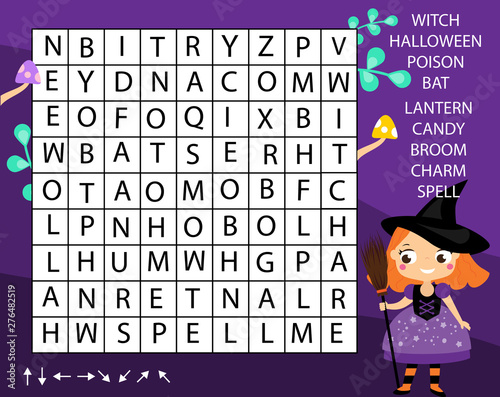 Educational game for children. Word search puzzle kids activity. halloween theme learning vocabulary.