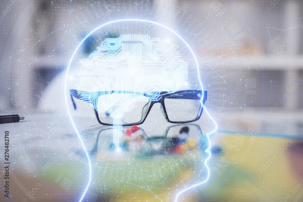 Brain drawings with glasses on the table background. Double exposure. Brain drawings with glasses on the table background. Double exposure.