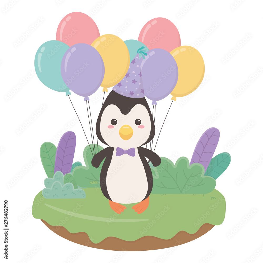 Penguin cartoon with happy birthday icon design