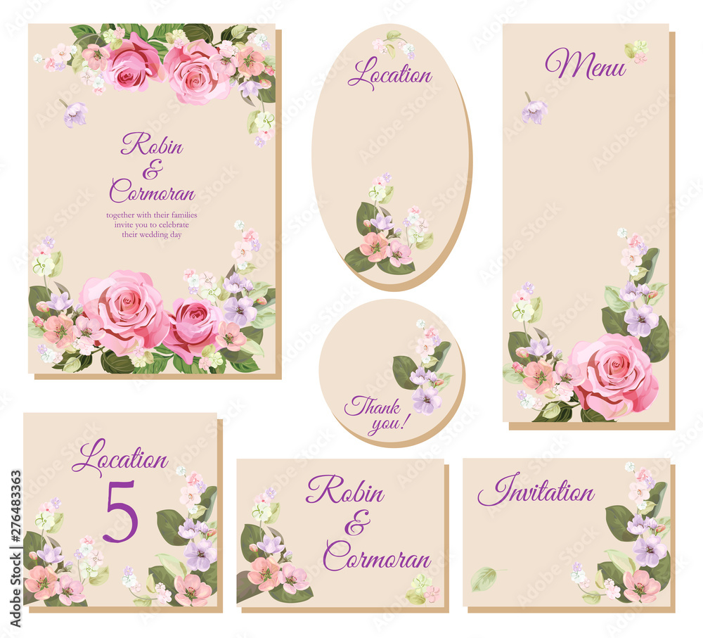 Set wedding invitation cards, layout menu, rsvp, label, save the date mock up. Templates with pink roses flowers, spring blossom. Illustration in watercolor vintage style, frames for design, vector Set wedding invitation cards, layout menu, rsvp, label, save the date mock up. Templates with pink roses flowers, spring blossom. Illustration in watercolor vintage style, frames for design, vector