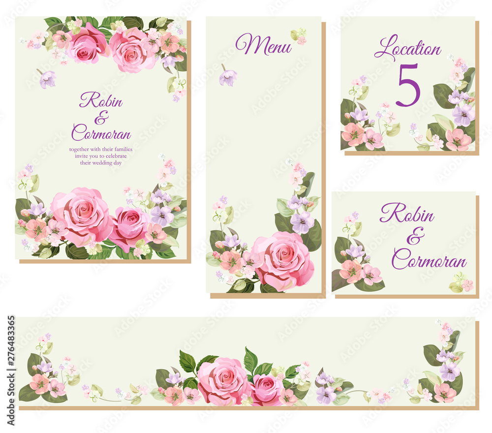 Set wedding invitation cards, layout menu, rsvp, label, save the date mock up. Templates with pink roses flowers, spring blossom. Illustration in watercolor vintage style, frames for design, vector Set wedding invitation cards, layout menu, rsvp, label, save the date mock up. Templates with pink roses flowers, spring blossom. Illustration in watercolor vintage style, frames for design, vector