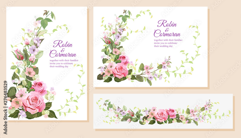 Set wedding invitation cards. Horizontal, vertical, panoramic templates with pink roses flowers, spring blossom. Illustration in watercolor vintage style, frames for design, vector
