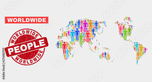 Demographic worldwide map abstraction. People colorful mosaic worldwide map of persons, and red rounded textured stamp. Vector composition for population public report.
